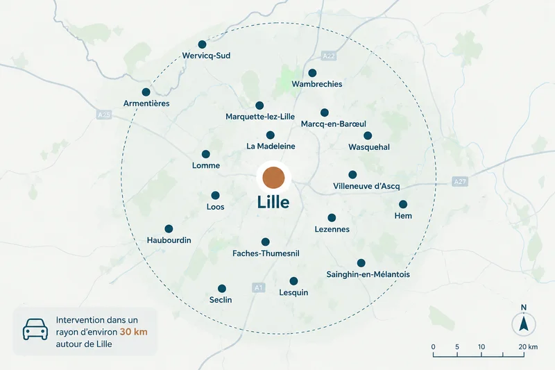 Carte illustrative des communes autour de Lille et de la zone d'intervention de Nord Plomberie.